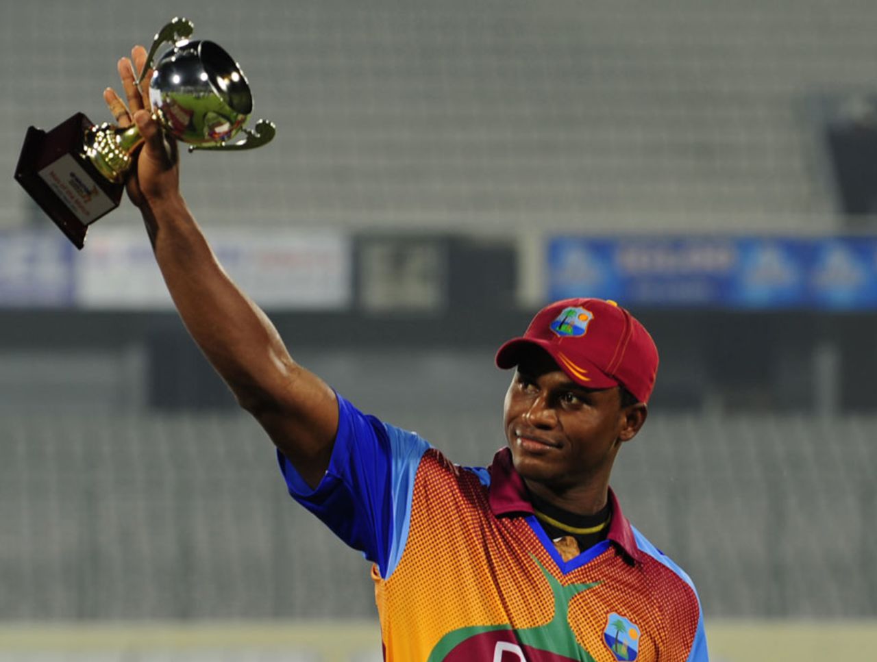 Marlon Samuels with his Man-of-the-Match trophy, Bangladesh v West Indies, 2nd ODI, Mirpur, October 15, 2011
