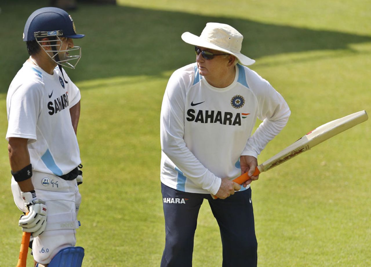 Gautam Gambhir gets some batting tips from Duncan Fletcher, New Delhi, October 16, 2011