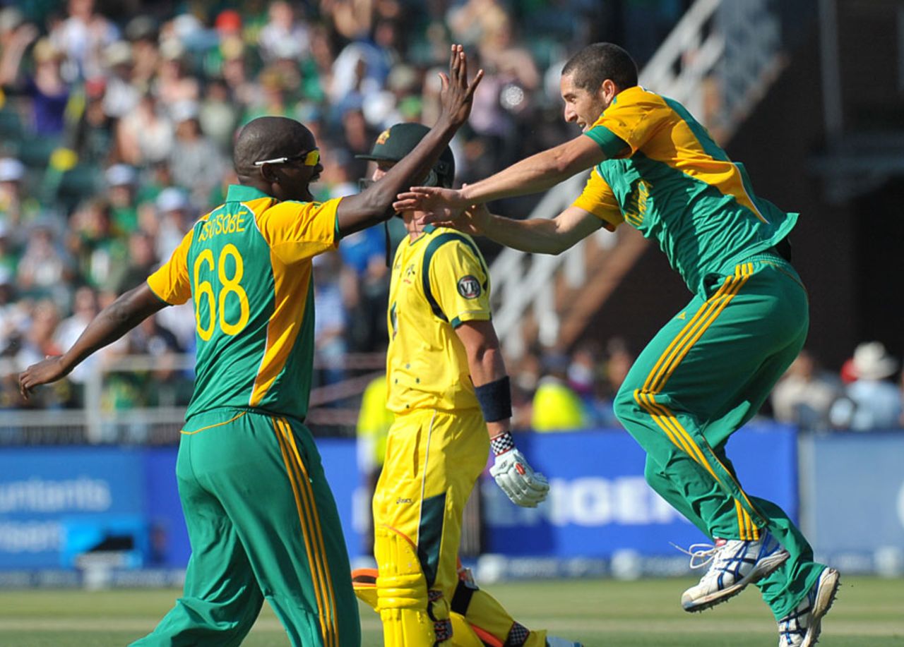 Wayne Parnell celebrates his nifty footwork to run out Cameron White, South Africa v Australia, 2nd Twenty20, Johannesburg, October 16 2011