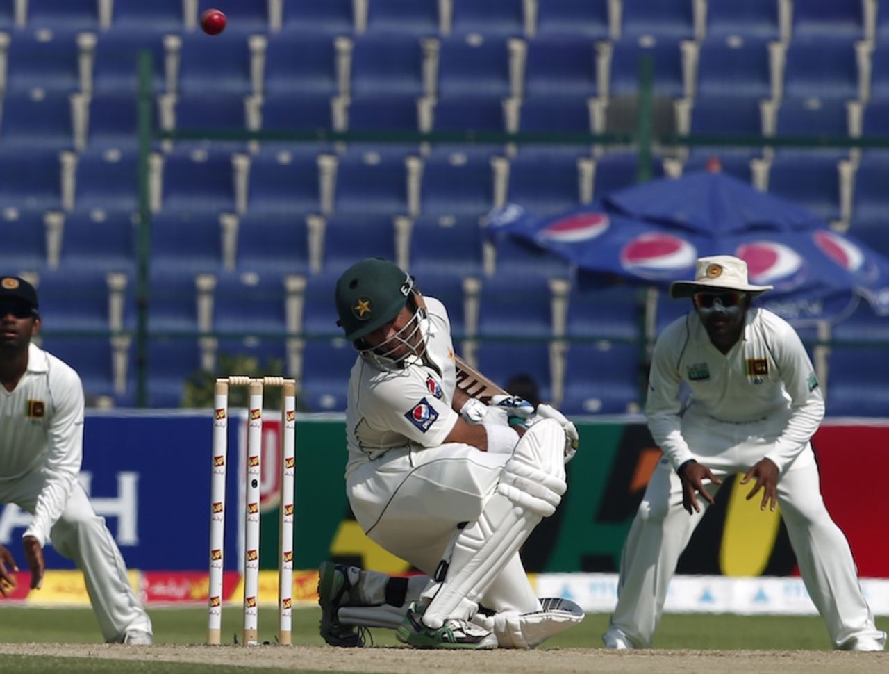 Taufeeq Umar avoids a short ball, Pakistan v Sri Lanka, 1st Test, Abu Dhabi, 2nd day, October 19, 2011