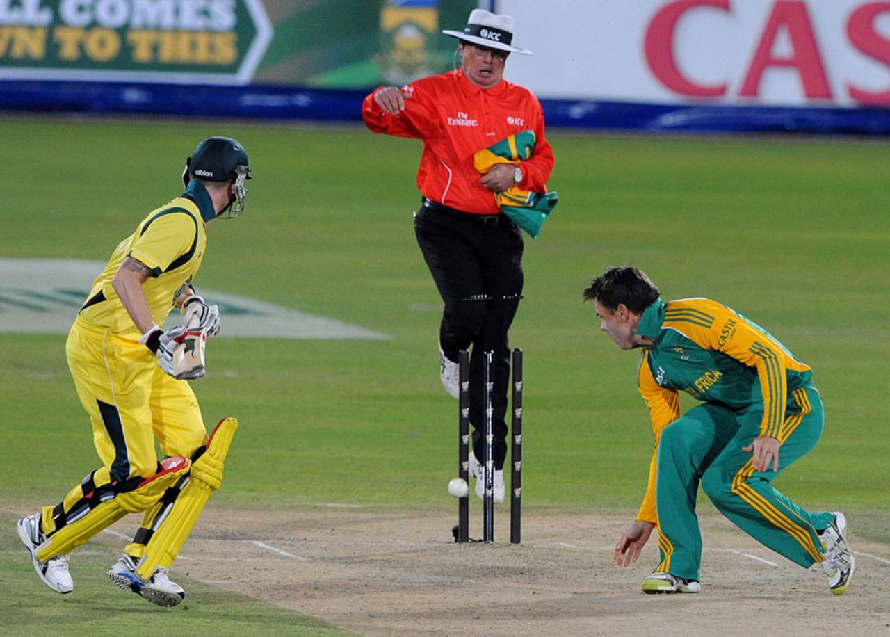 Michael Clarke was run out backing up by Johan Botha, South Africa v Australia, 1st ODI, Centurion, October 19, 2011