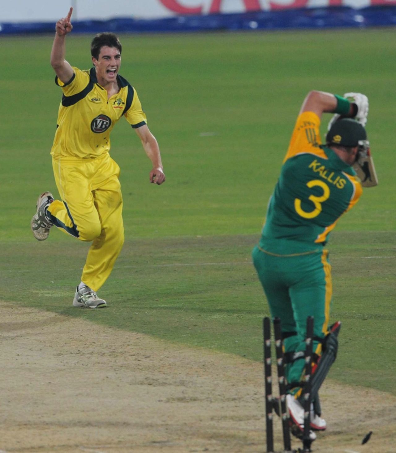 Patrick Cummins gets one through the defences of Jacques Kallis, South Africa v Australia, 1st ODI, Centurion, October 19, 2011