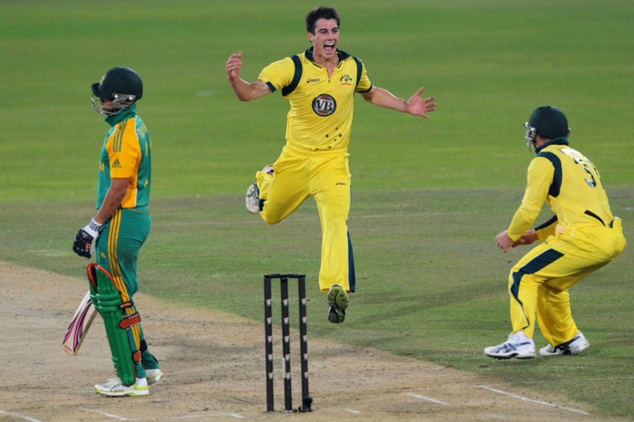 Patrick Cummins celebrates after having JP Duminy caught at slip, South Africa v Australia, 1st ODI, Centurion, October 19, 2011