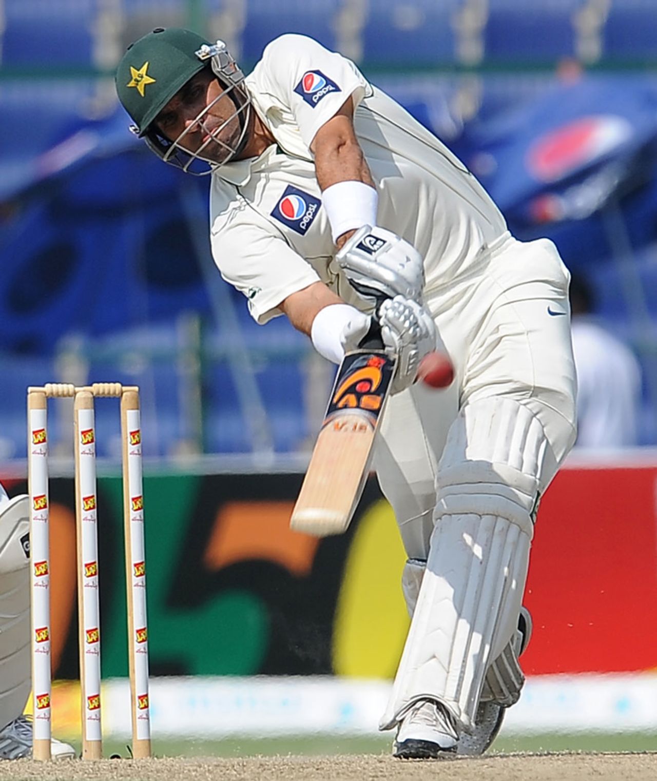 Misbah-ul-haq smashes one down the ground, Pakistan v Sri Lanka, 1st Test, Abu Dhabi, 3rd day, October 20, 2011