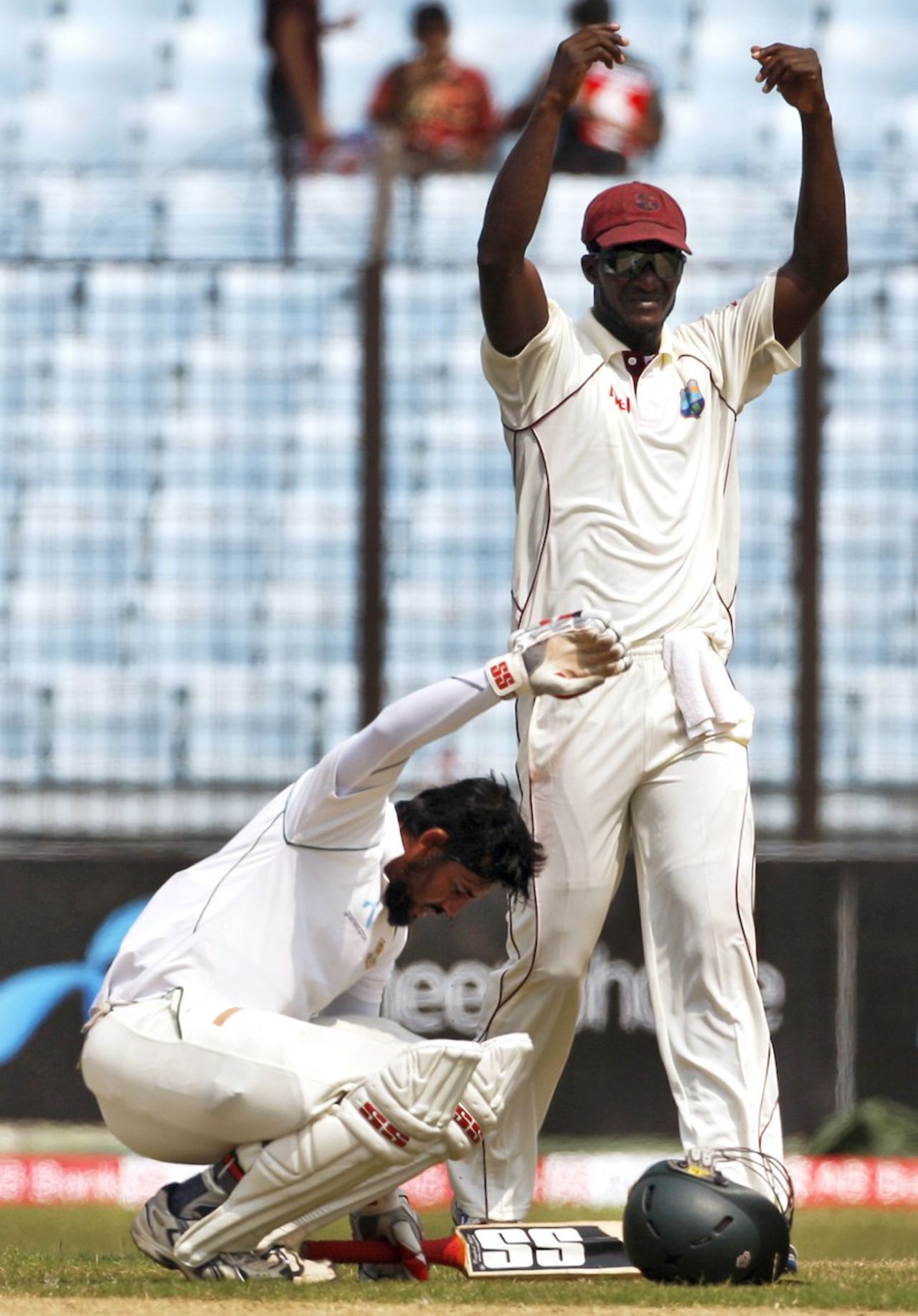 Shahriar Nafees falls after getting hit by Fidel Edwards, Bangladesh v West Indies, 1st Test, Chittagong, 1st day, October 21, 2011