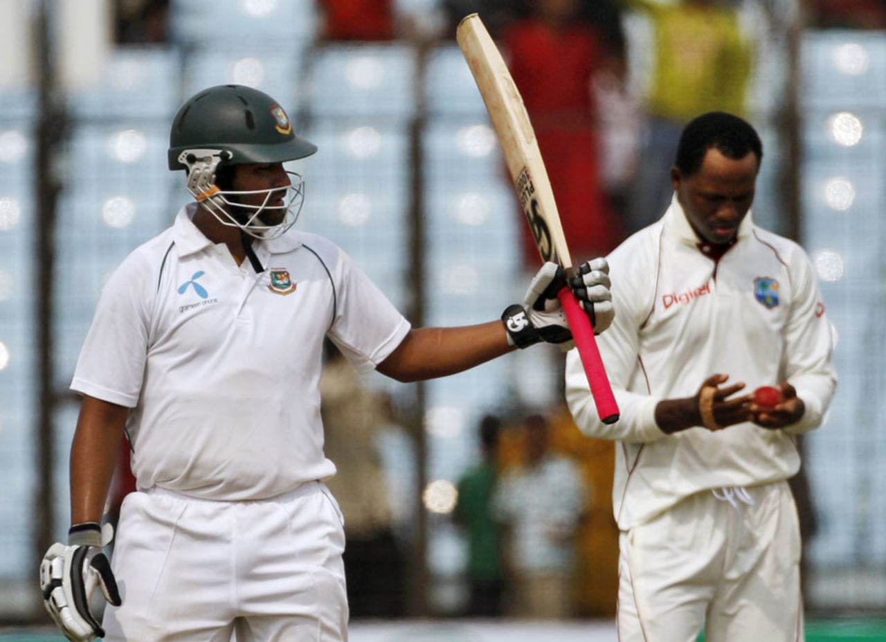 Tamim Iqbal acknowledges the cheers for his fifty, Bangladesh v West Indies, 1st Test, Chittagong, 1st day, October 21, 2011