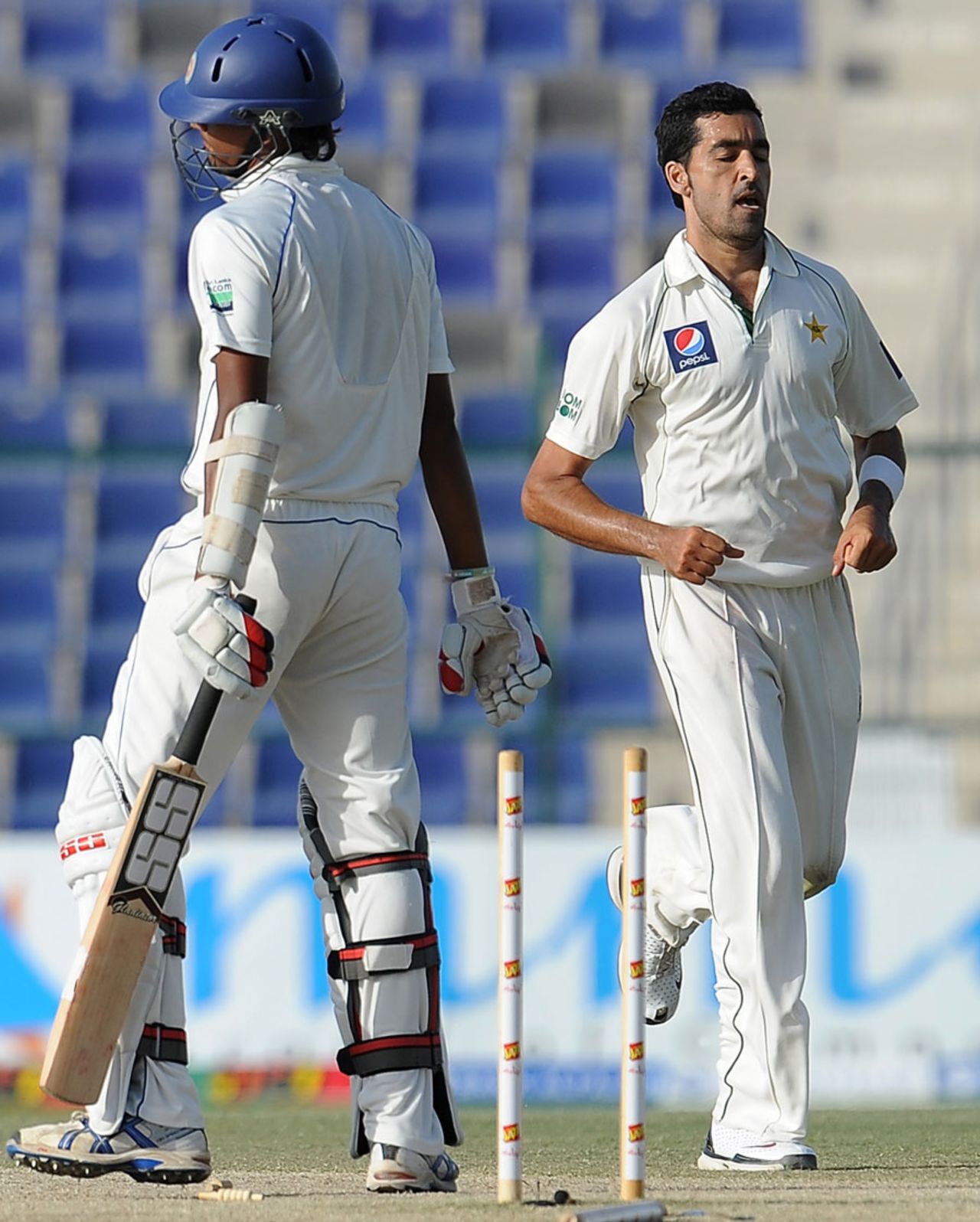 Suranga Lakmal has his middle stump uprooted by Umar Gul, Pakistan v Sri Lanka, 1st Test, Abu Dhabi, 5th day, October 22, 2011