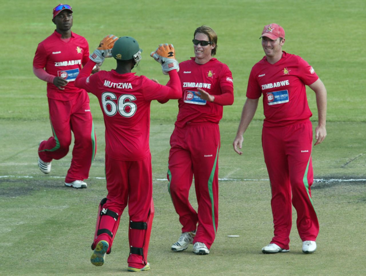Malcolm Waller celebrates a wicket with his team-mates, Zimbabwe v New Zealand, 2nd ODI, Harare, October 22, 2011 