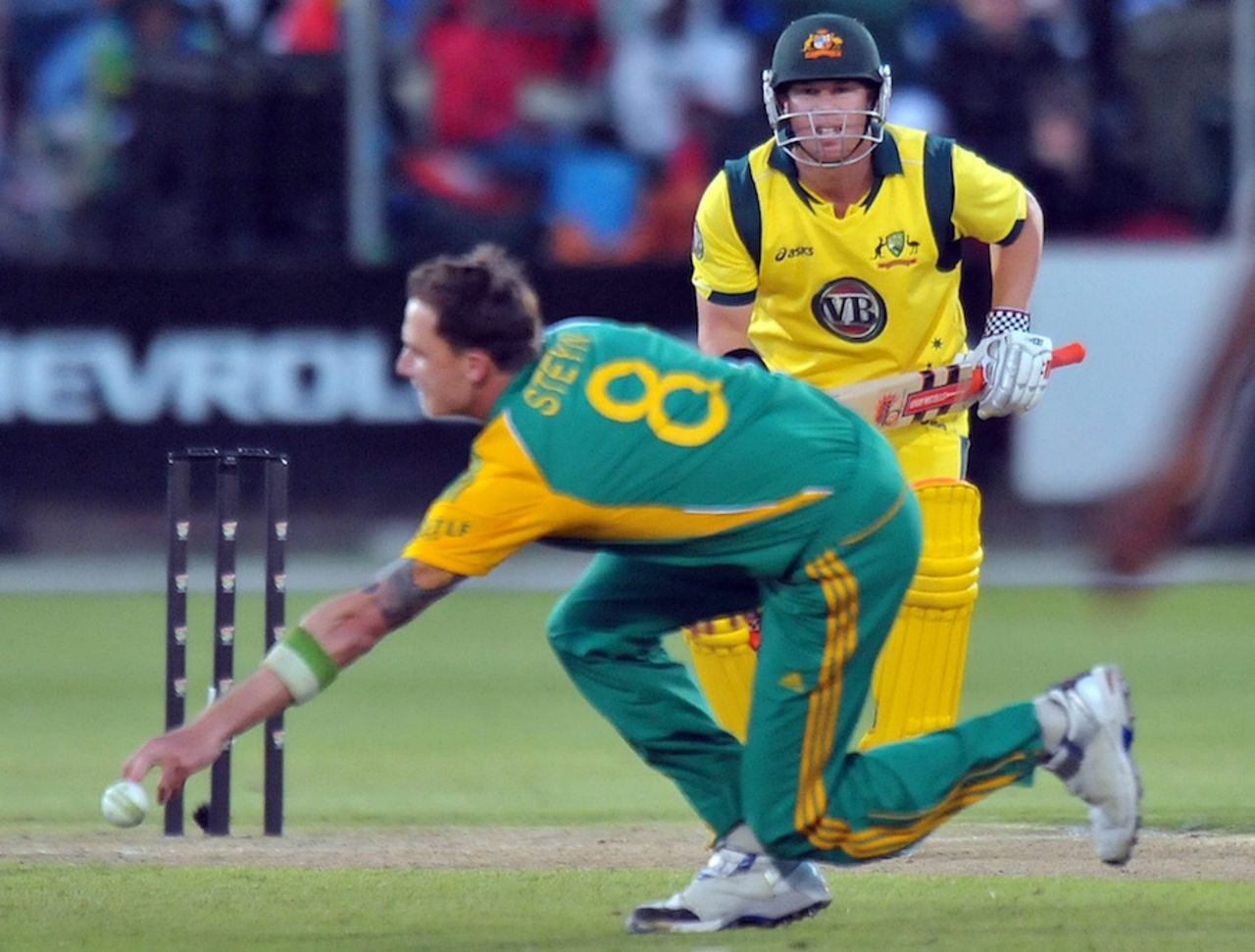 Dale Steyn stops a shot from David Warner, South Africa v Australia, 2nd ODI, Port Elizabeth, October 23, 2011