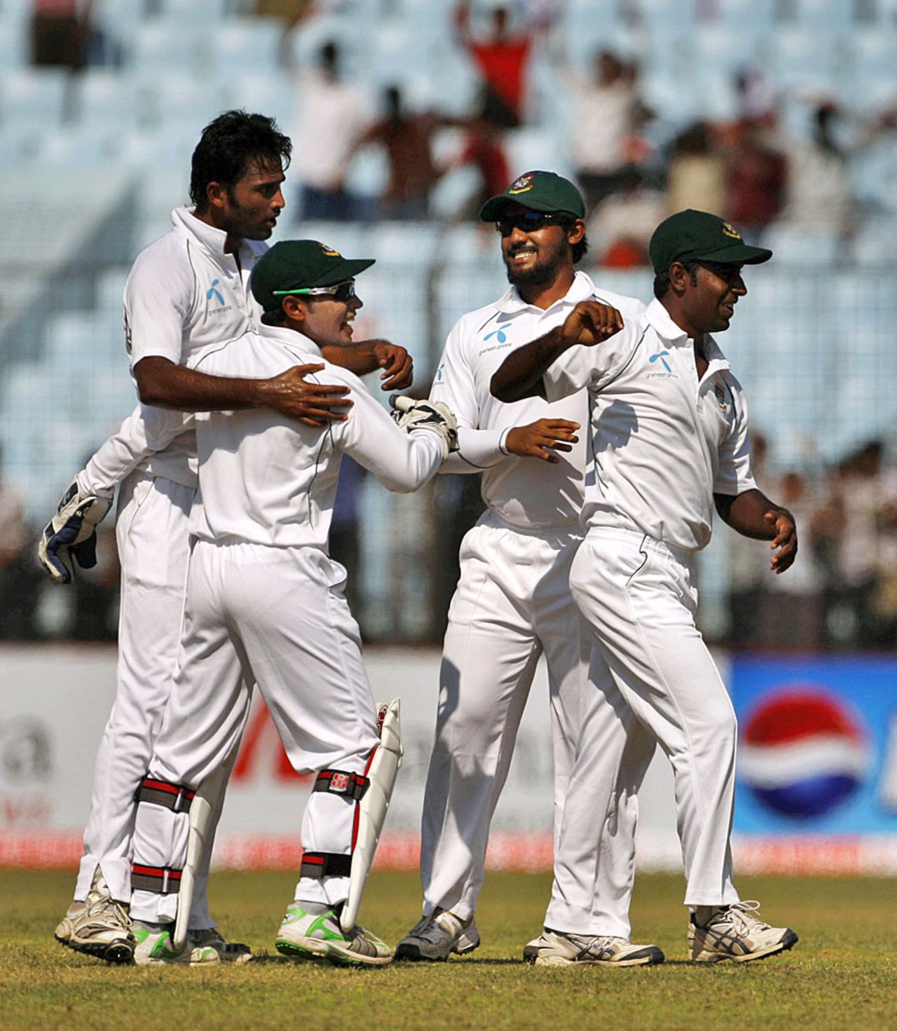 Shahadat Hossain celebrates a wicket with his team-mates, Bangladesh v West Indies, 1st Test, Chittagong, 4th day, October 24, 2011