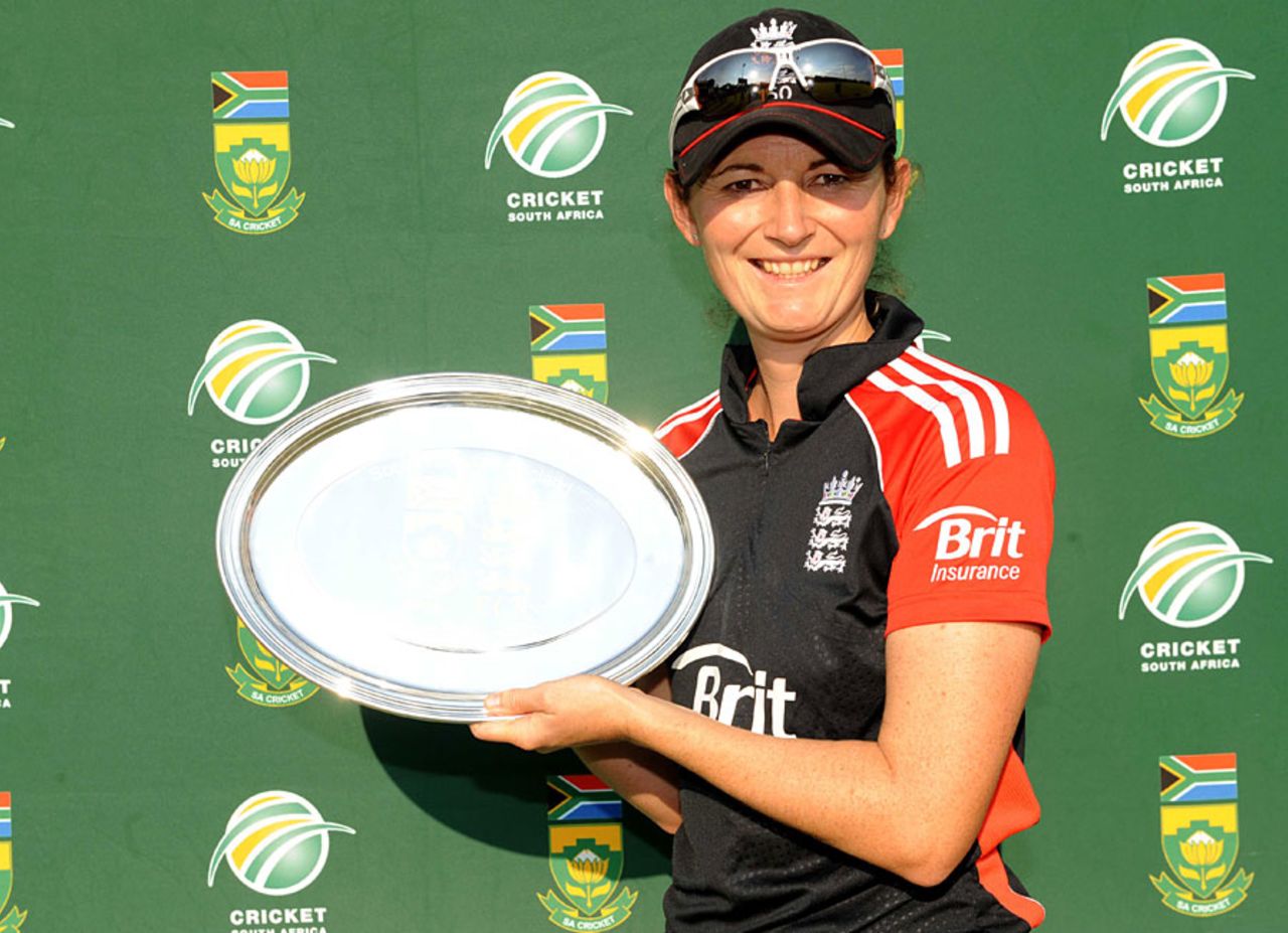 Charlotte Edwards collects the silverware after England's 3-0 series win, South Africa Women v England Women, 3rd ODI, Potchefstroom, October 25, 2011