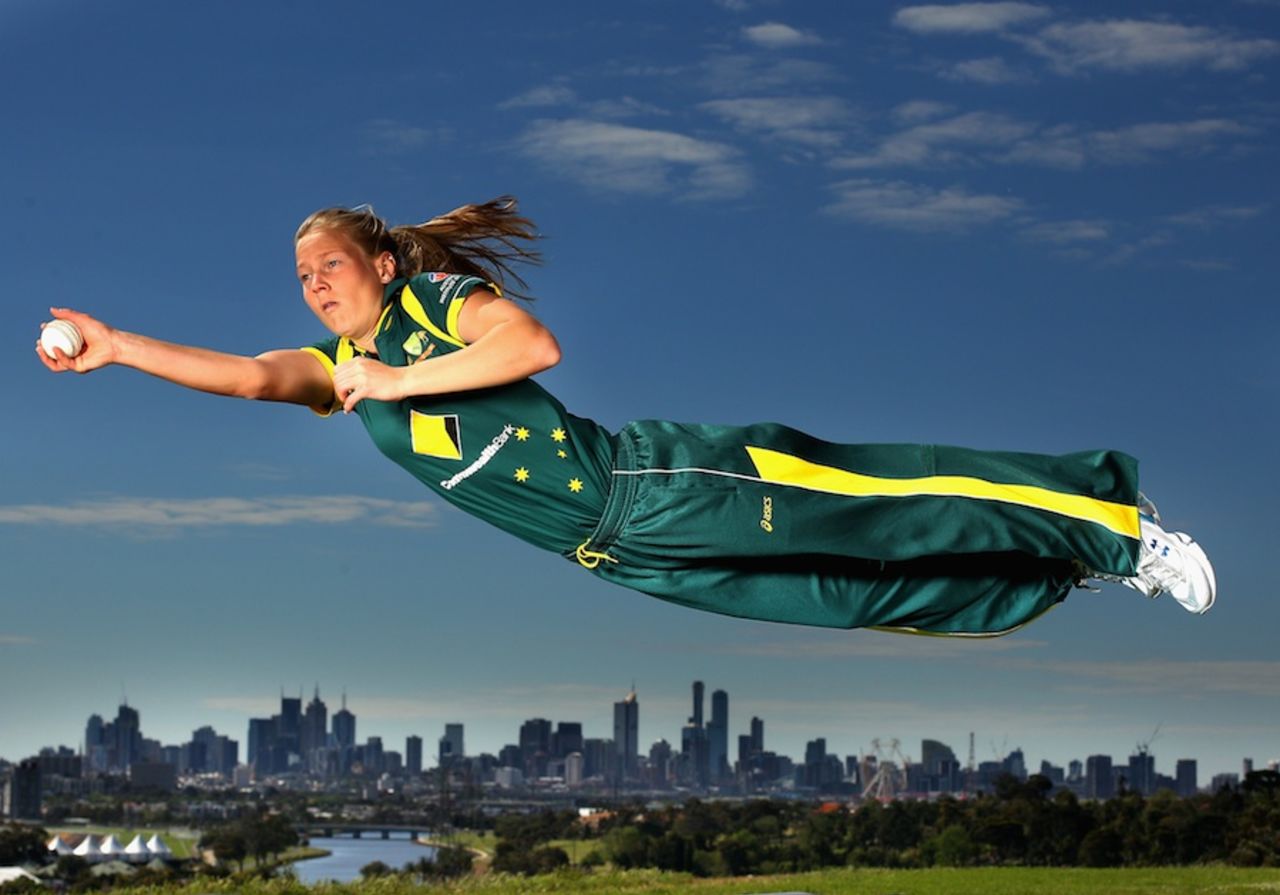 Not a bird, or a plane, but Meg Lanning during a photo shoot, Melbourne, October 27, 2011