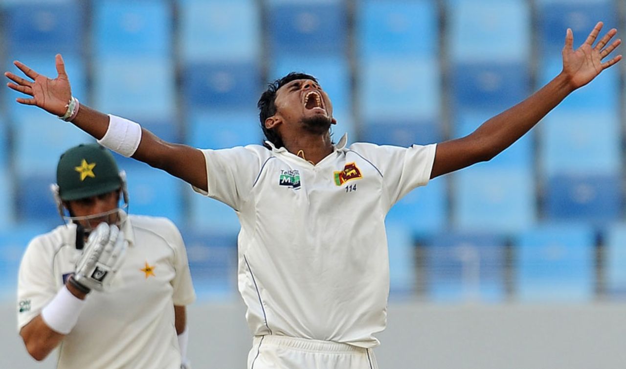 Suranga Lakmal is distraught after having an lbw appeal turned down, Pakistan v Sri Lanka, 2nd Test, Dubai, 2nd day, October 27, 2011