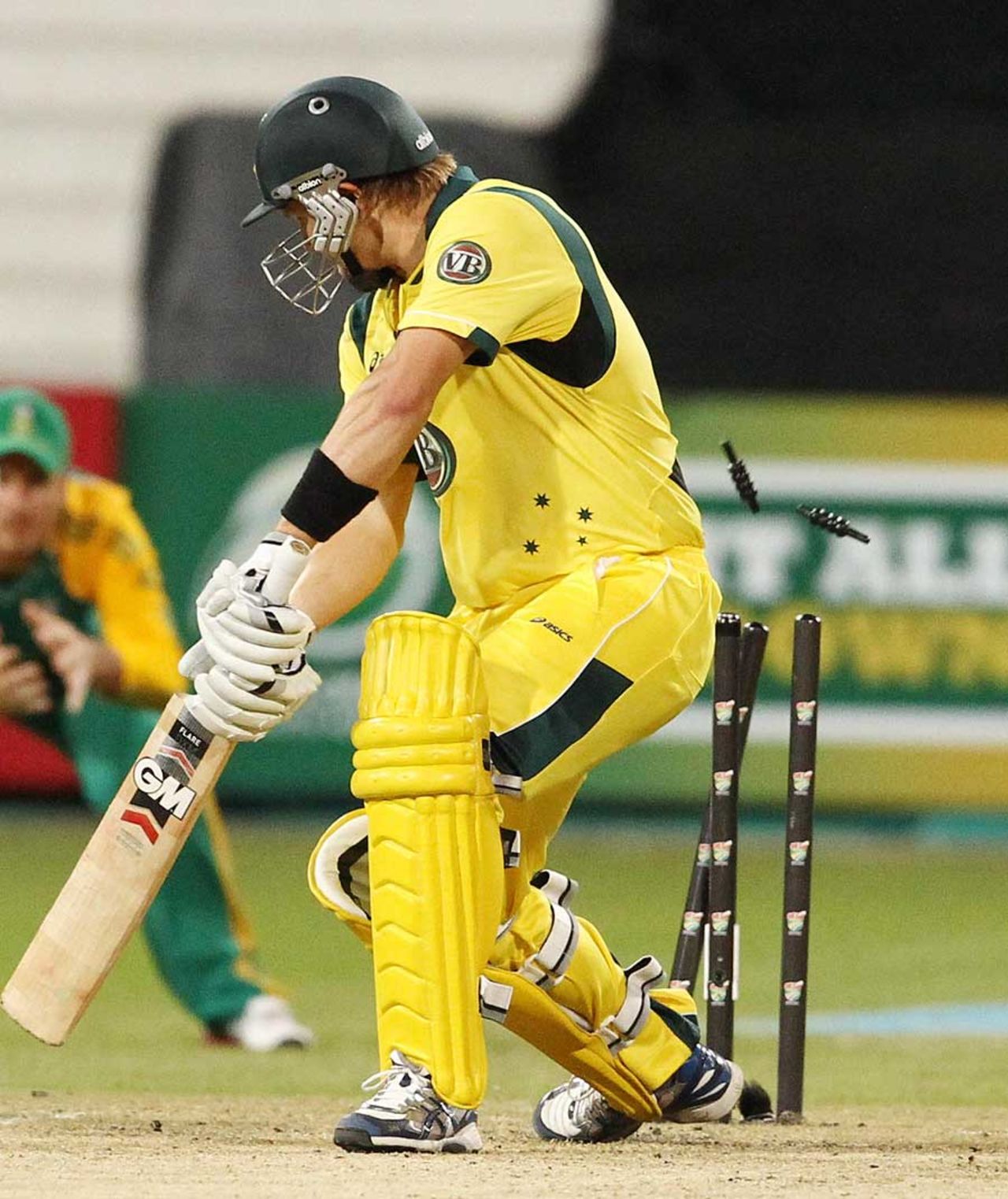 Shane Watson chopped on against Jacques Kallis after a lively innings, South Africa v Australia, 3rd ODI, Durban, October 28, 2011