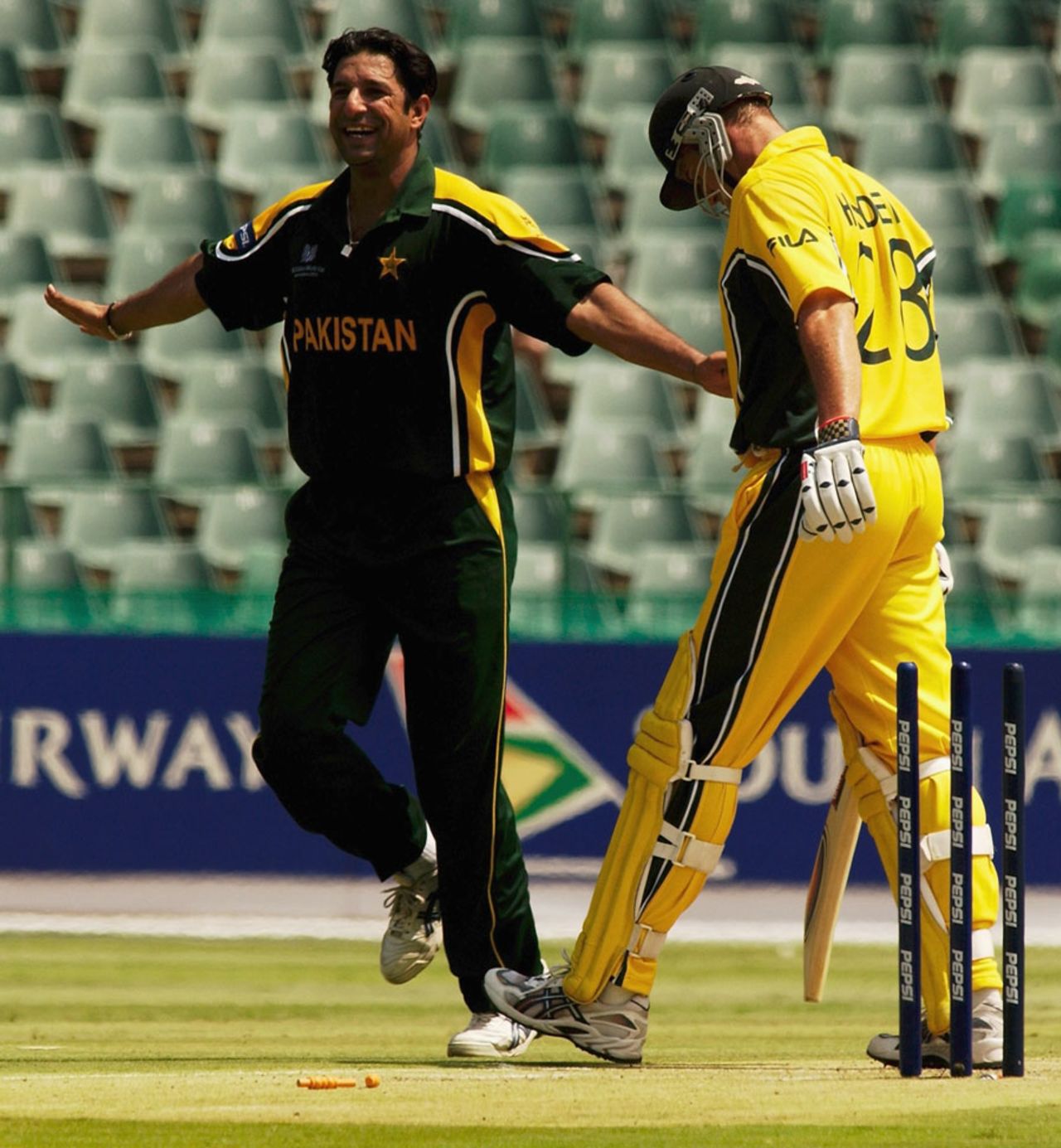Wasim Akram bowled Matthew Hayden for 27, Australia v Pakistan, Pool A, World Cup, Johannesburg, February 11, 2003