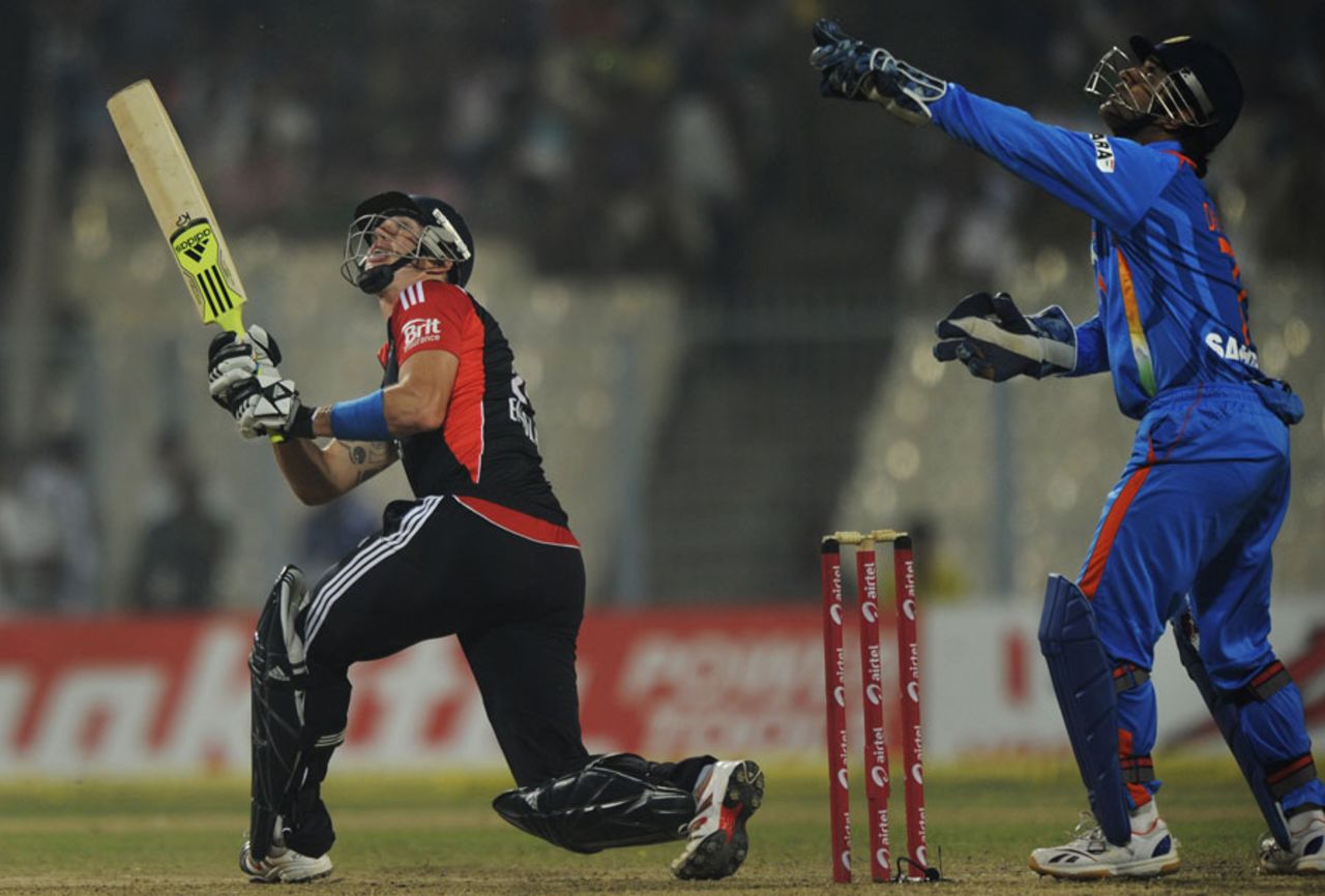 Kevin Pietersen hits one in the air, India v England, Only Twenty20, Eden Gardens, October 29, 2011