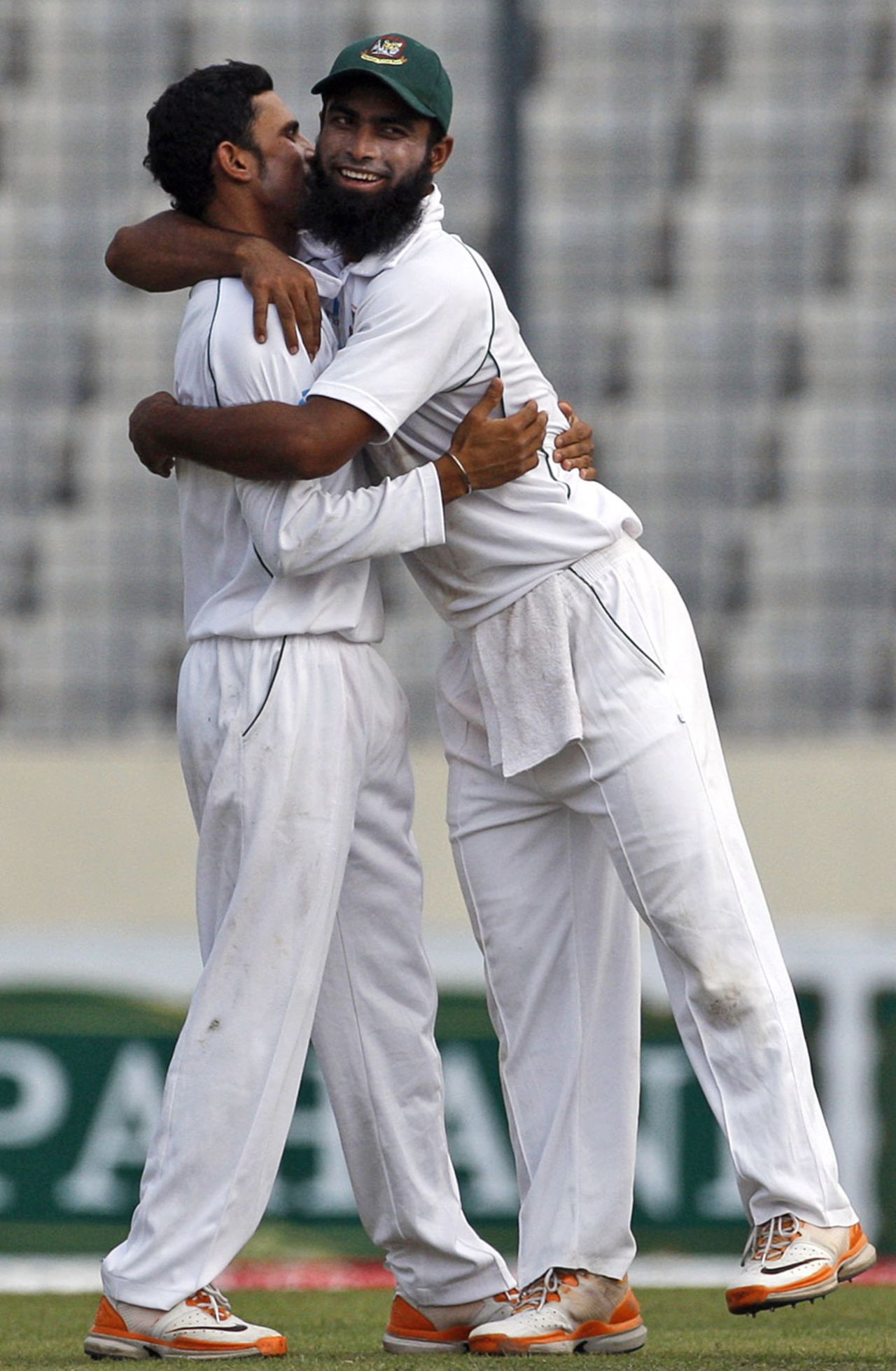 Nasir Hossain and Suhrawadi Shuvo celebrate the dismissal of Marlon Samuels, Bangladesh v West Indies, 2nd Test, Mirpur, 2nd day, October 30, 2011