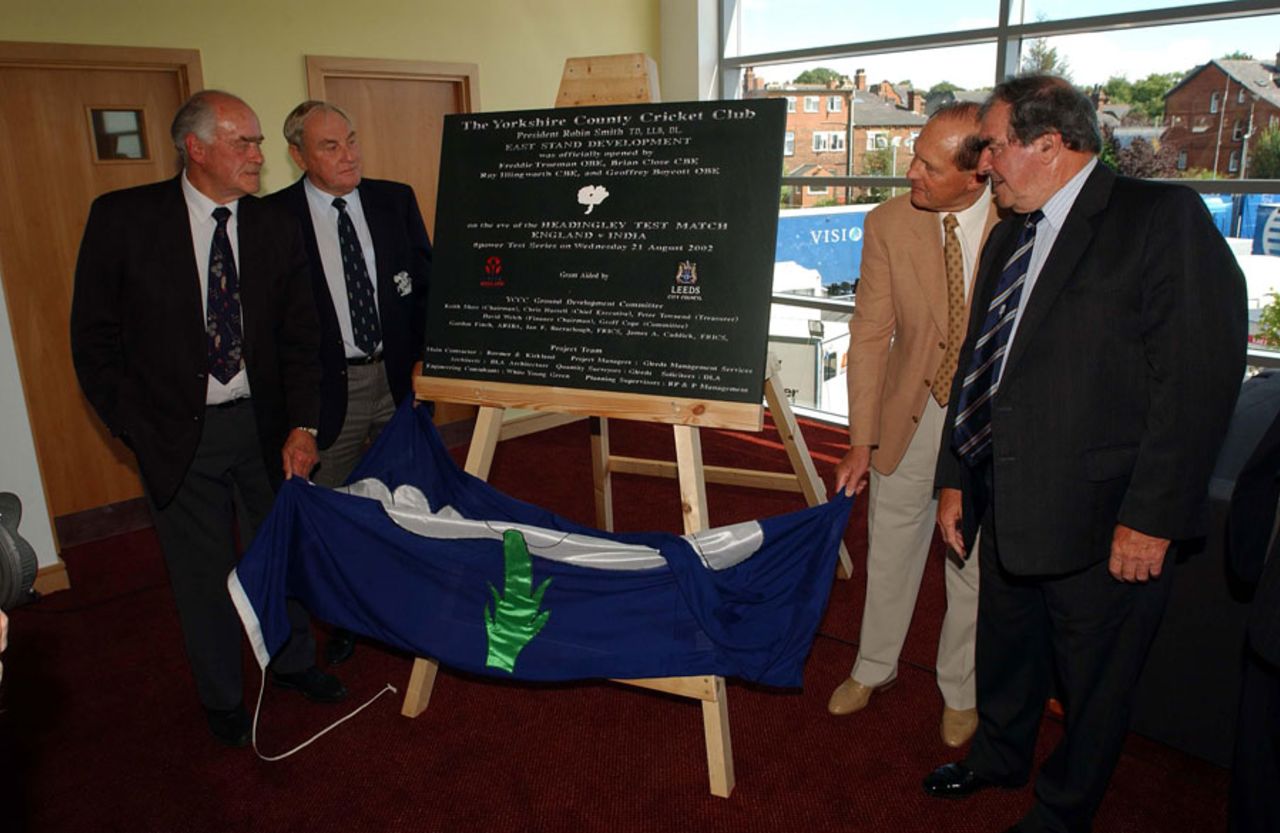 Former Yorkshire players Ray Illingworth, Brian Close, Fred Trueman and Geoff Boycott unveil the plaque for the new east stand at Headingley, August 21, 2002