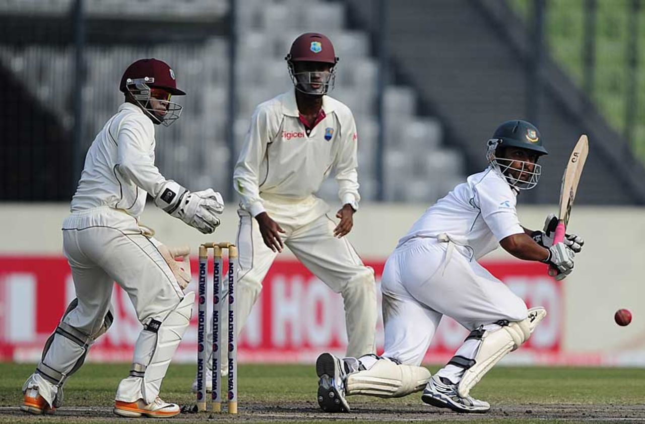 Tamim Iqbal works one away, Bangladesh v West Indies, 2nd Test, Mirpur, 4th day, November 1, 2011