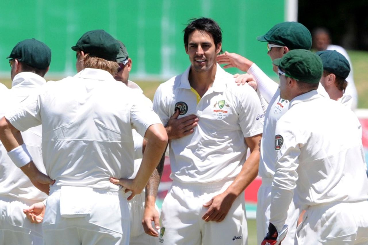 Mitchell Johnson celebrates one of his four wickets, South Africa A v Australia, 1st day, Potchefstroom, November 1, 2011