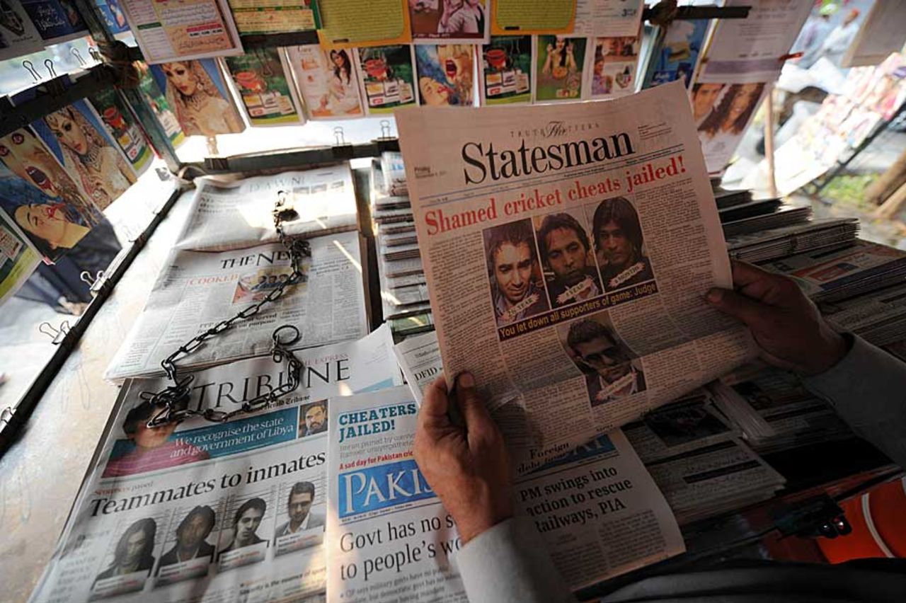The spot-fixing convictions are all over the front pages of Pakistan's newspapers, Karachi, November 4, 2011