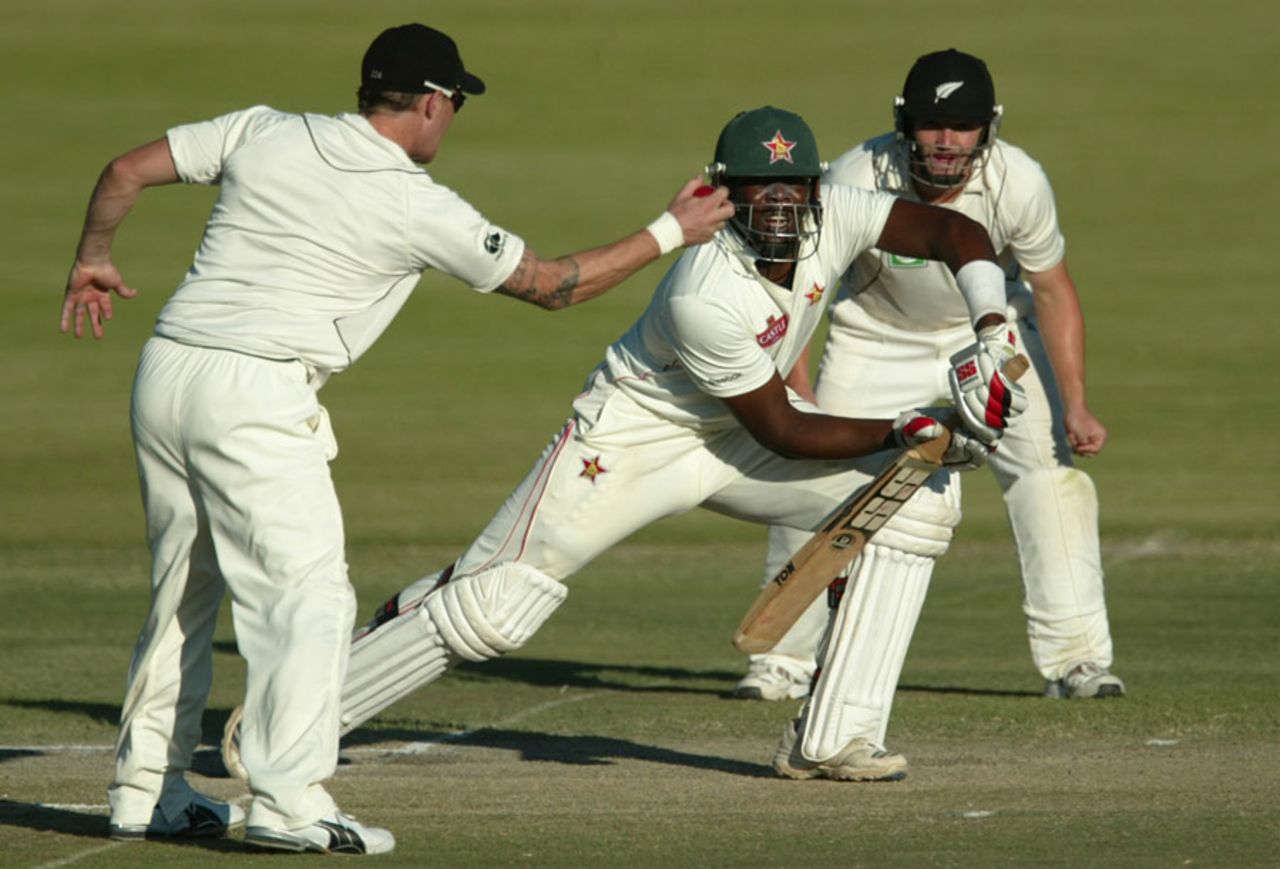 Brendon McCullum fields the ball at silly point, Zimbabwe v New Zealand, only Test, Bulawayo, 4th day, November 4, 2011