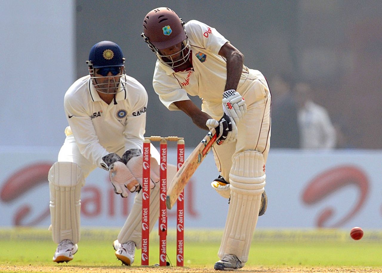 Kraigg Brathwaite works one away to the on side, India v West Indies, 1st Test, New Delhi, 1st day, November 6, 2011