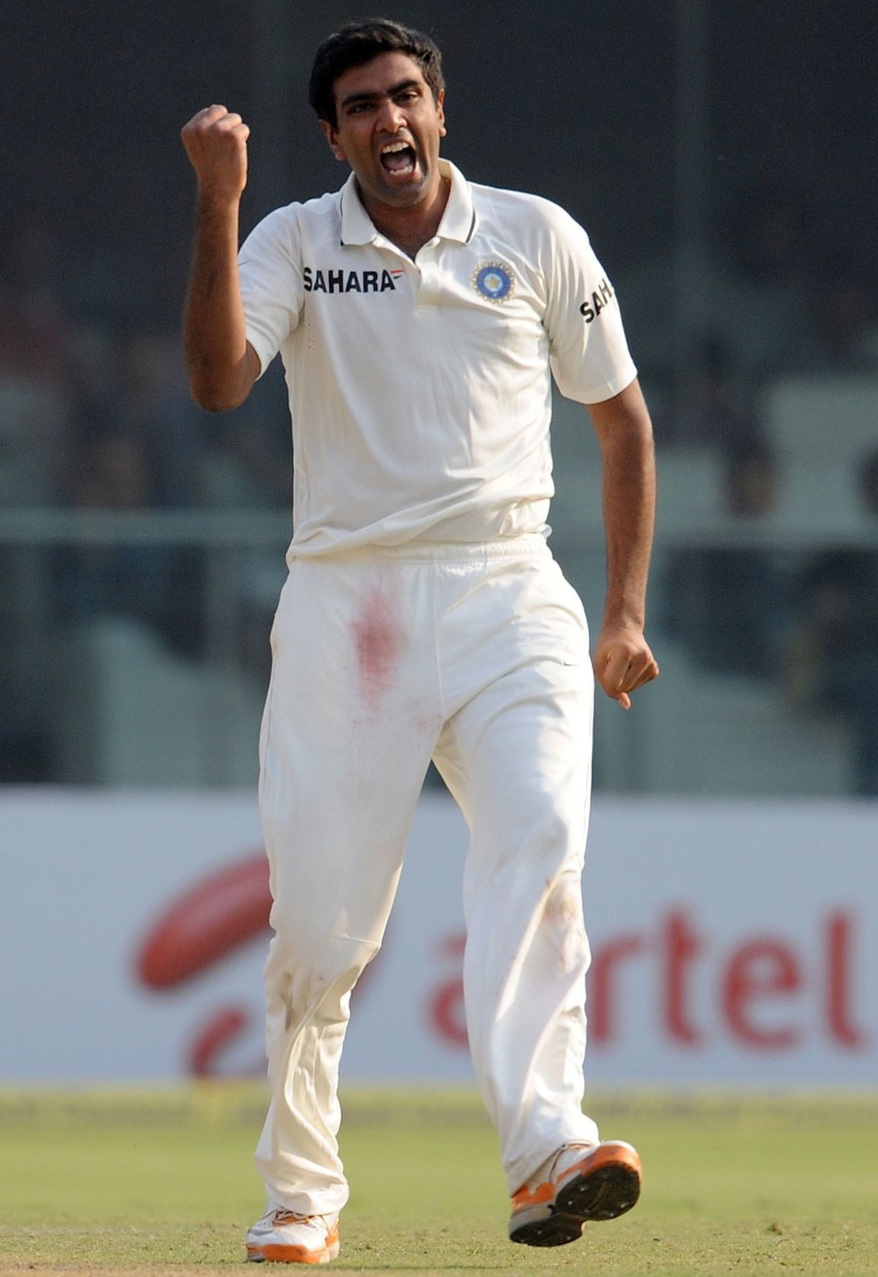 R Ashwin pumps his fist after dismissing Marlon Samuels, India v West Indies, 1st Test, New Delhi, 1st day