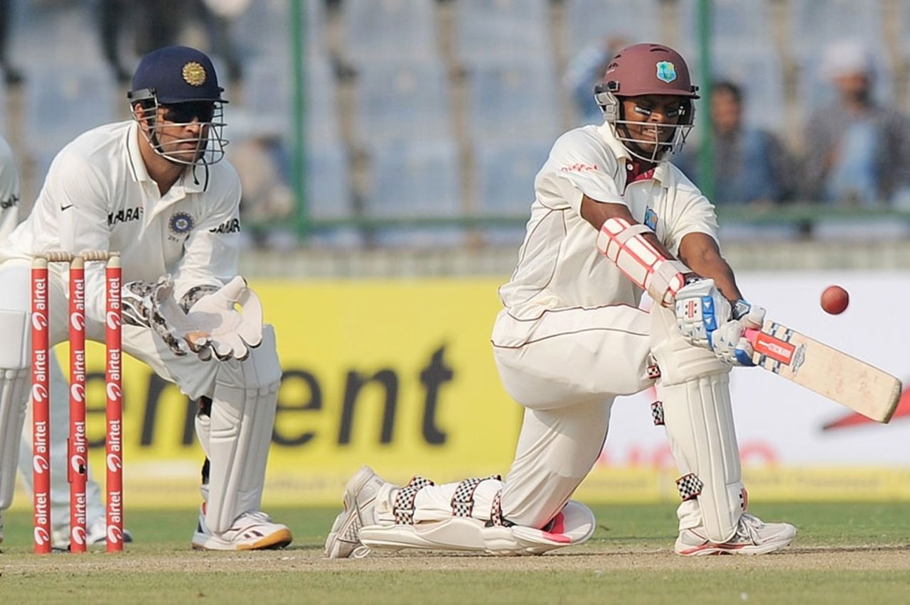 Shivnarine Chanderpaul attempts a sweep shot, India v West Indies, 1st Test, New Delhi, 1st day
