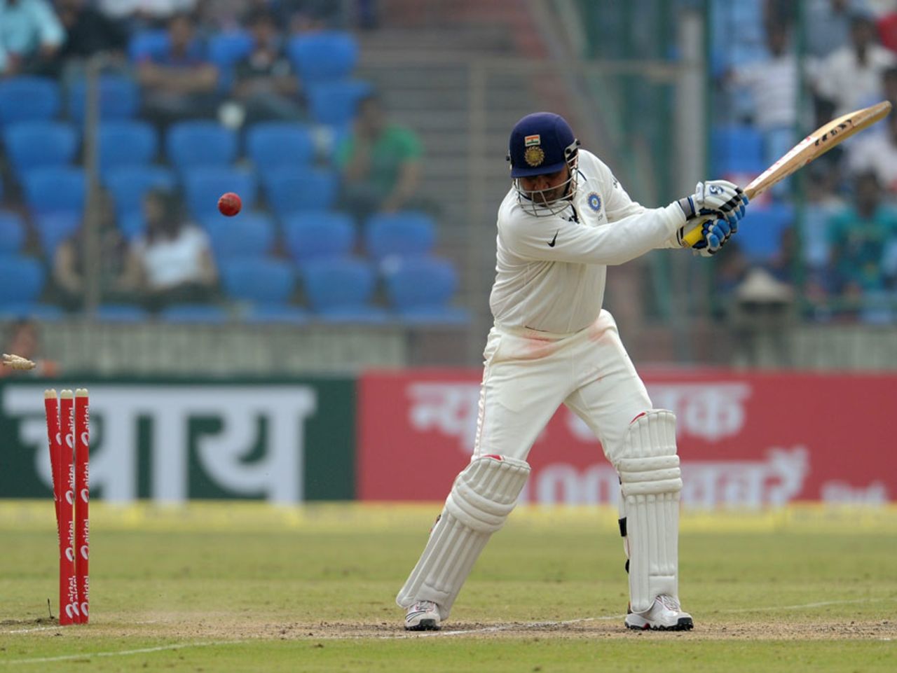 Virender Sehwag is bowled for 55, India v West Indies, 1st Test, New Delhi, 3rd day, November 8, 2011