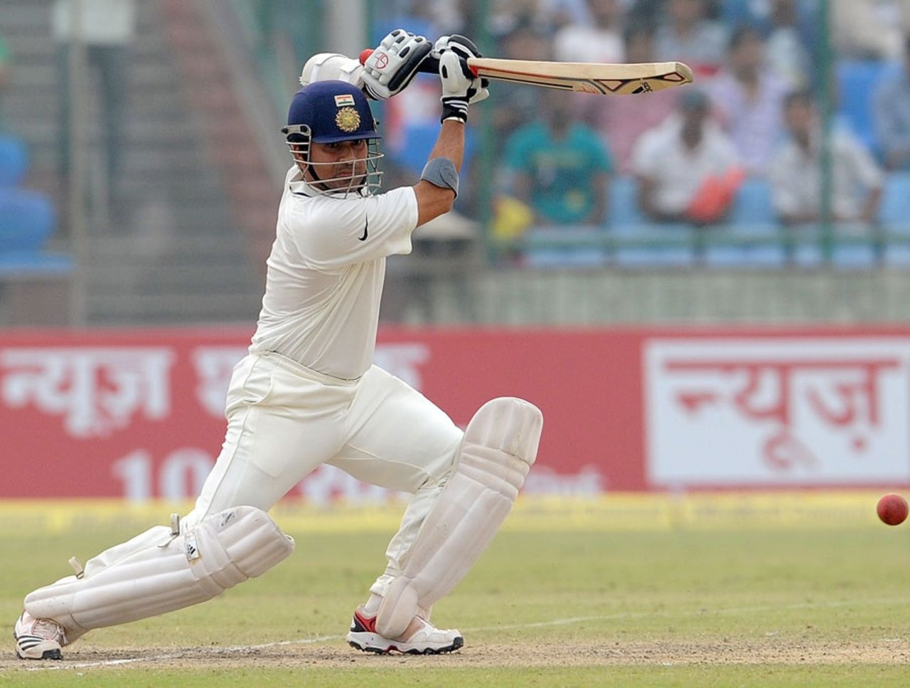 Sachin Tendulkar plays a cover drive, India v West Indies, 1st Test, New Delhi, 3rd day, November 8, 2011
