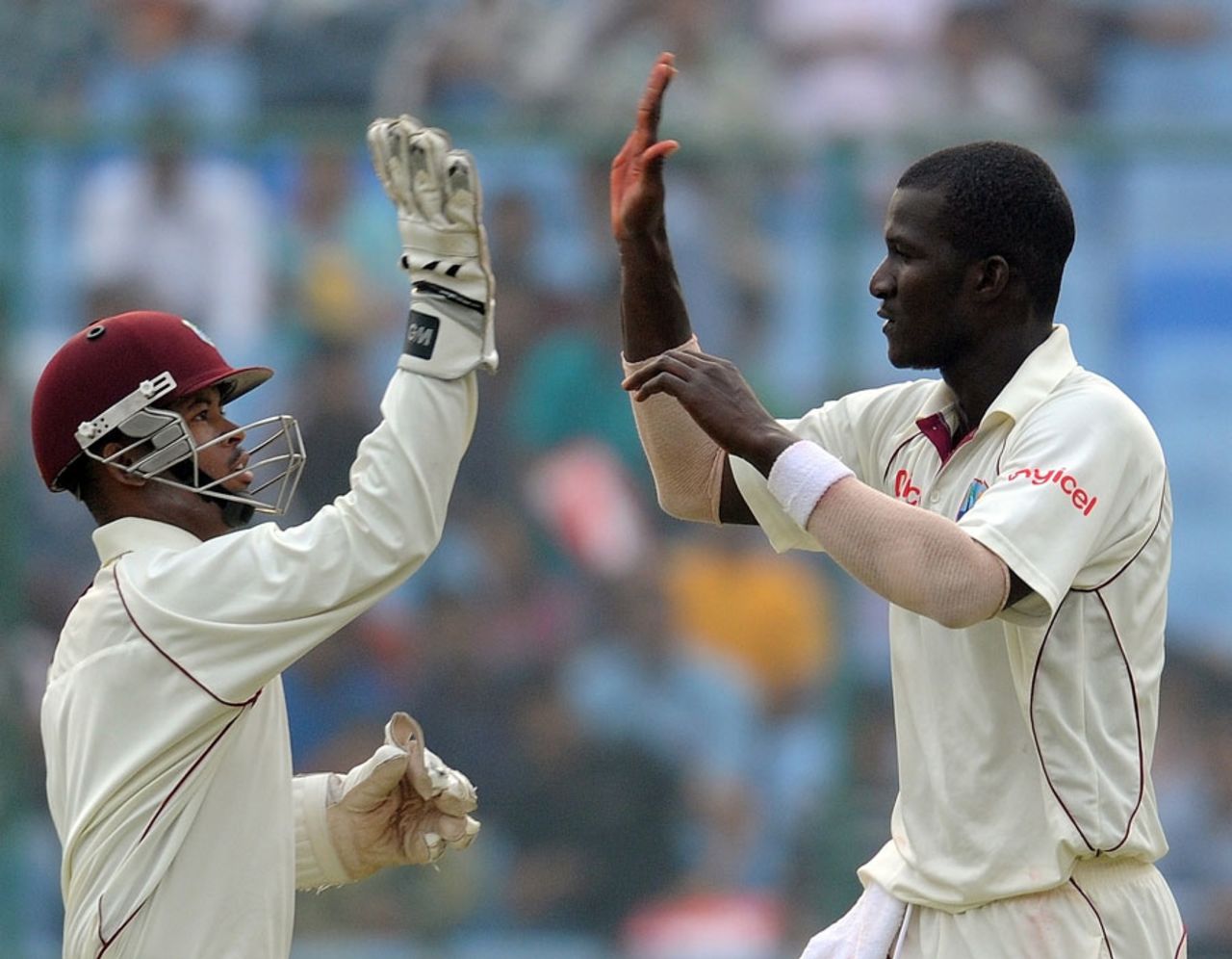 Darren Sammy and Carlton Baugh high-five after Virender Sehwag's dismissal, India v West Indies, 1st Test, New Delhi, 3rd day, November 8, 2011