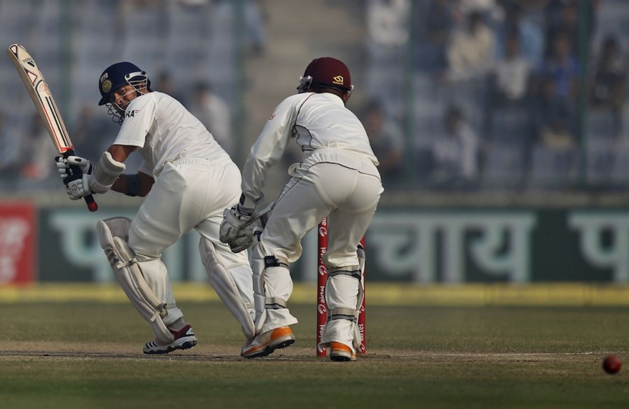 Sachin Tendulkar glances the ball fine, India v West Indies, 1st Test, New Delhi, 4th day, November 9, 2011