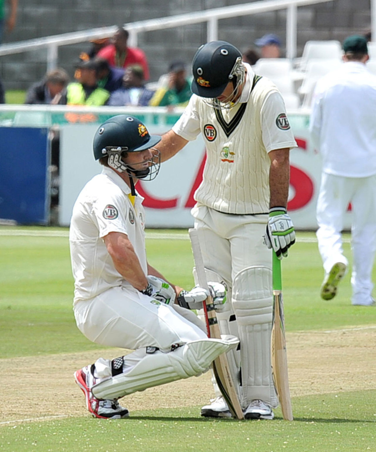 Shaun Marsh takes a break after being struck by the ball, South Africa v Australia, 1st Test, Cape Town, 1st day, November 9, 2011