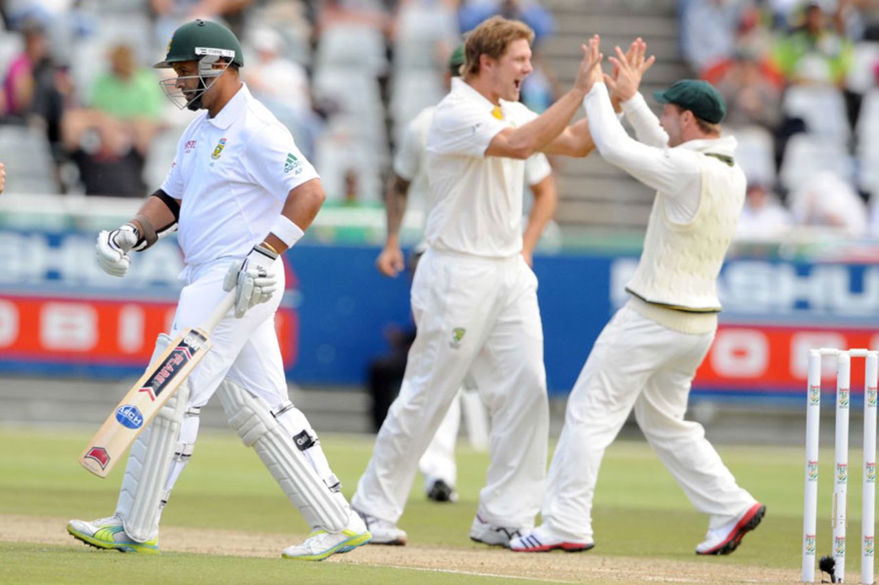 Ashwell Prince walks off after falling to Shane Watson, South Africa v Australia, 1st Test, Cape Town, 2nd day, November 10, 2011