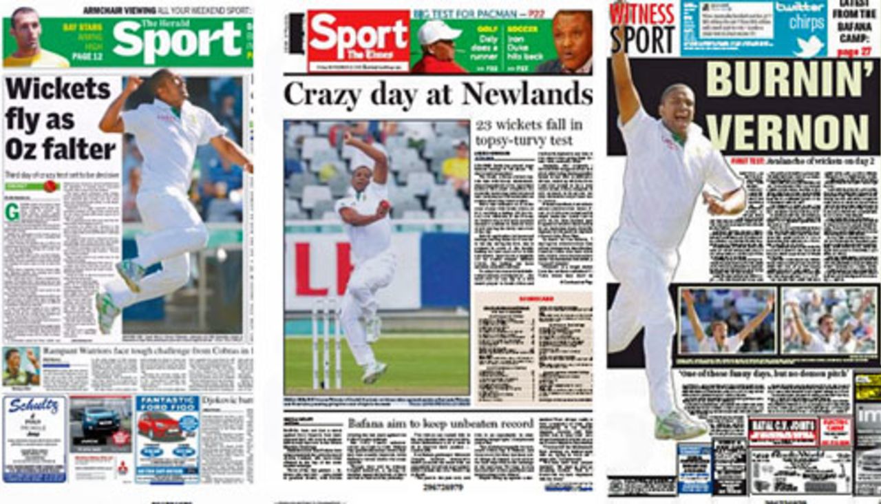 Headlines in South African papers after day two at Newlands, South Africa v Australia, Cape Town, 1st Test, 3rd day, November 11, 2011