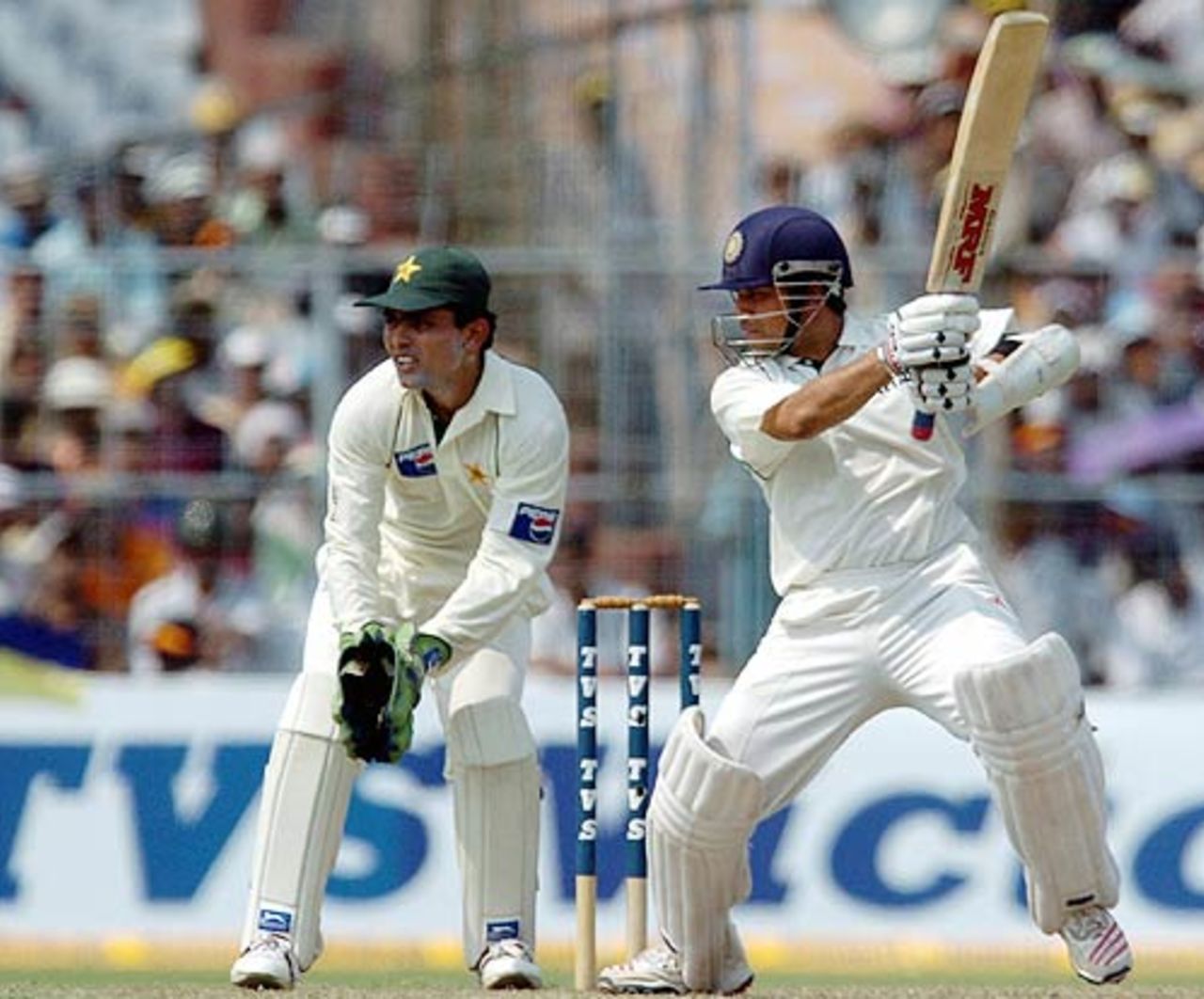 Sachin Tendulkar played with more fluency after reaching his milestone, and hit a number of gorgeous offside boundaries, India v Pakistan, 2nd Test, Kolkata, March 16, 2005