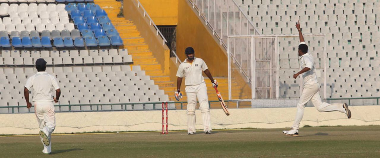 Manpreet Gony is bowled by Basant Mohanty, Punjab v Orissa, Ranji Trophy Elite 2011-12, Mohali, November 11, 2011