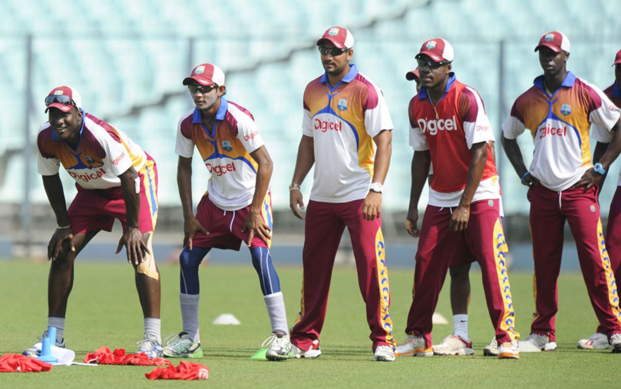 West Indies players participate in a fielding drill, Kolkata, November 12, 2011