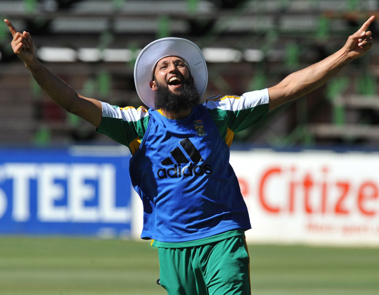 Hashim Amla celebrates a goal while playing football in training, Johannesburg, November 14, 2011