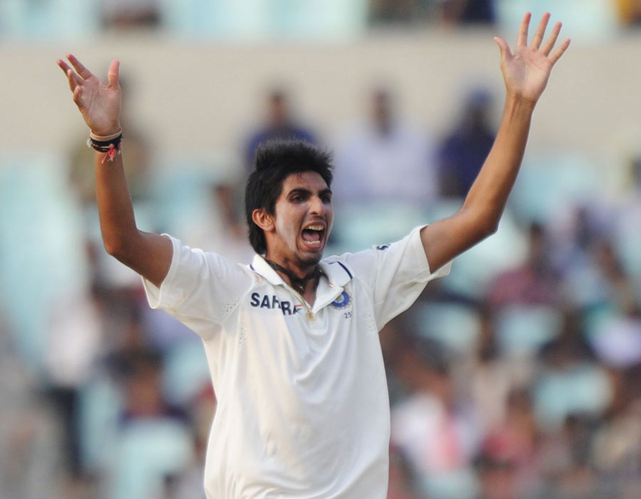 Ishant Sharma raises his hands after dismissing Kirk Edwards, India v West Indies, 2nd Test, Kolkata, 3rd day, November 16, 2011