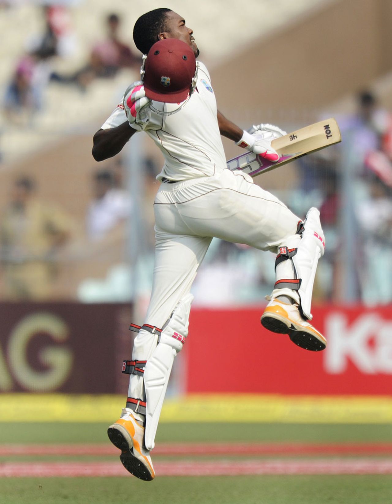 Darren Bravo jumps in joy after reaching his century, India v West Indies, 2nd Test, Kolkata, 4th day, November 17, 2011