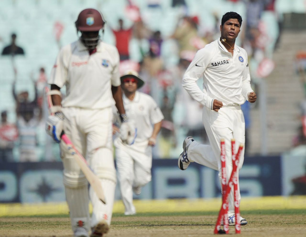 Shivnarine Chanderpaul walks back after having his stumps wrecked by Umesh Yadav, India v West Indies, 2nd Test, Kolkata, 4th day, November 17, 2011
