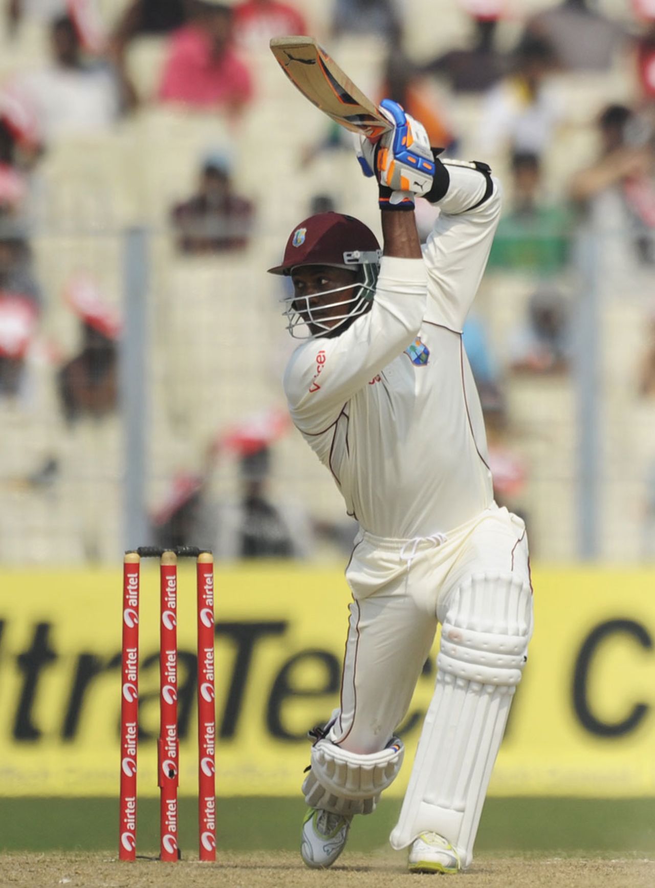 Marlon Samuels drives fluently through the covers, India v West Indies, 2nd Test, Kolkata, 4th day, November 17, 2011