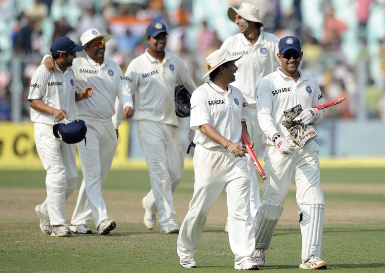 The Indian players walk back after completing the win, India v West Indies, 2nd Test, Kolkata, 4th day, November 17, 2011