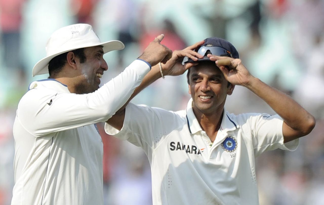 VVS Laxman and Rahul Dravid celebrate the win, India v West Indies, 2nd Test, Kolkata, 4th day, November 17, 2011