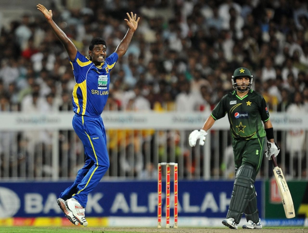 Thisara Perera appeals for Shahid Afridi's wicket, Pakistan v Sri Lanka, 4th ODI, Sharjah, November 20, 2011