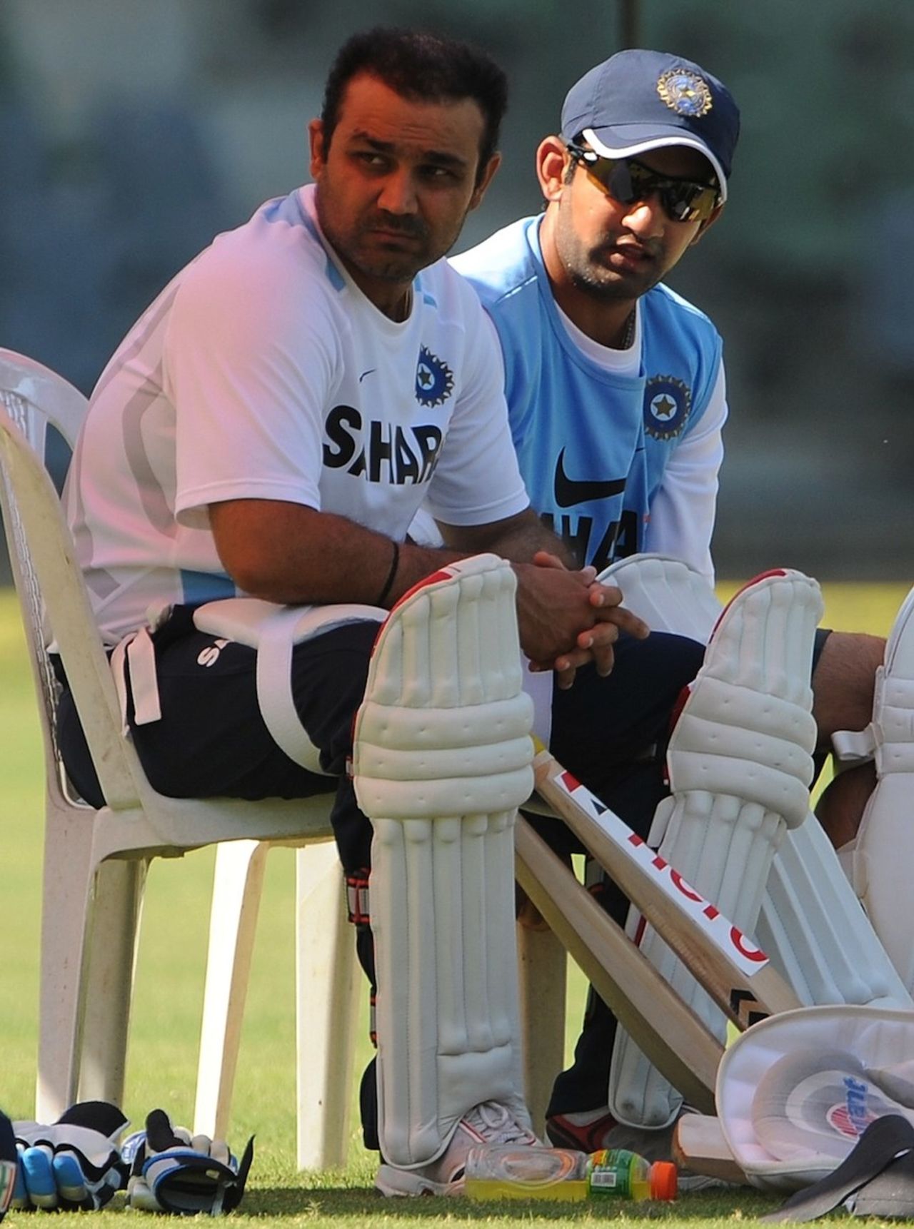 Virender Sehwag and Gautam Gambhir with their pads on, Mumbai, November 21, 2011