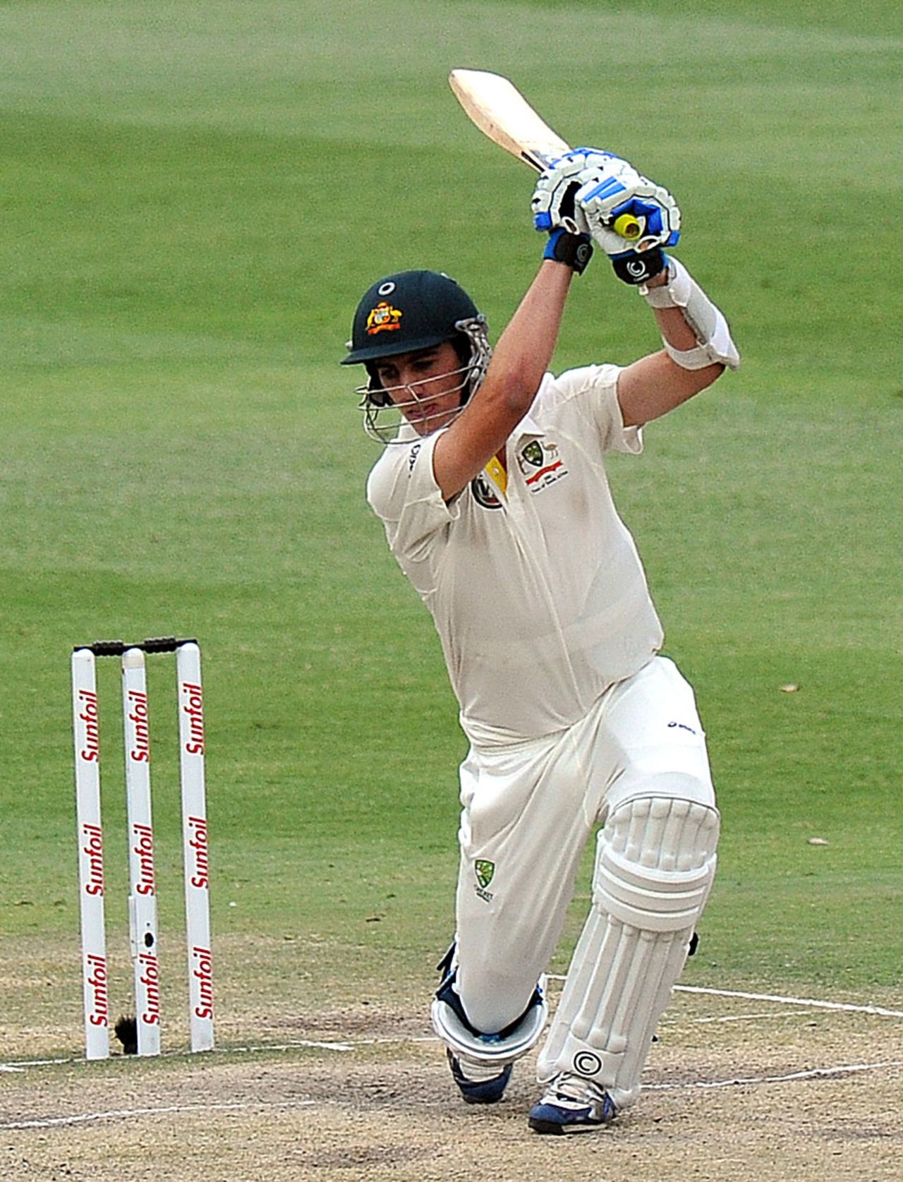 Pat Cummins drives during his cameo, South Africa v Australia, 2nd Test, Johannesburg, 5th day, November 21, 2011