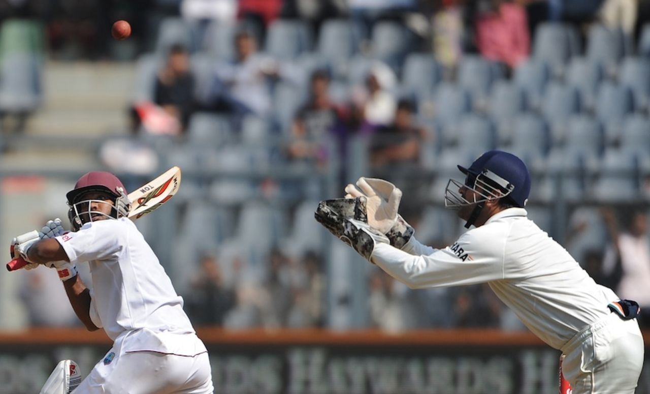 MS Dhoni moves forward to catch Adrian Barath, India v West Indies, 3rd Test, Mumbai, 1st day, November 22, 2011